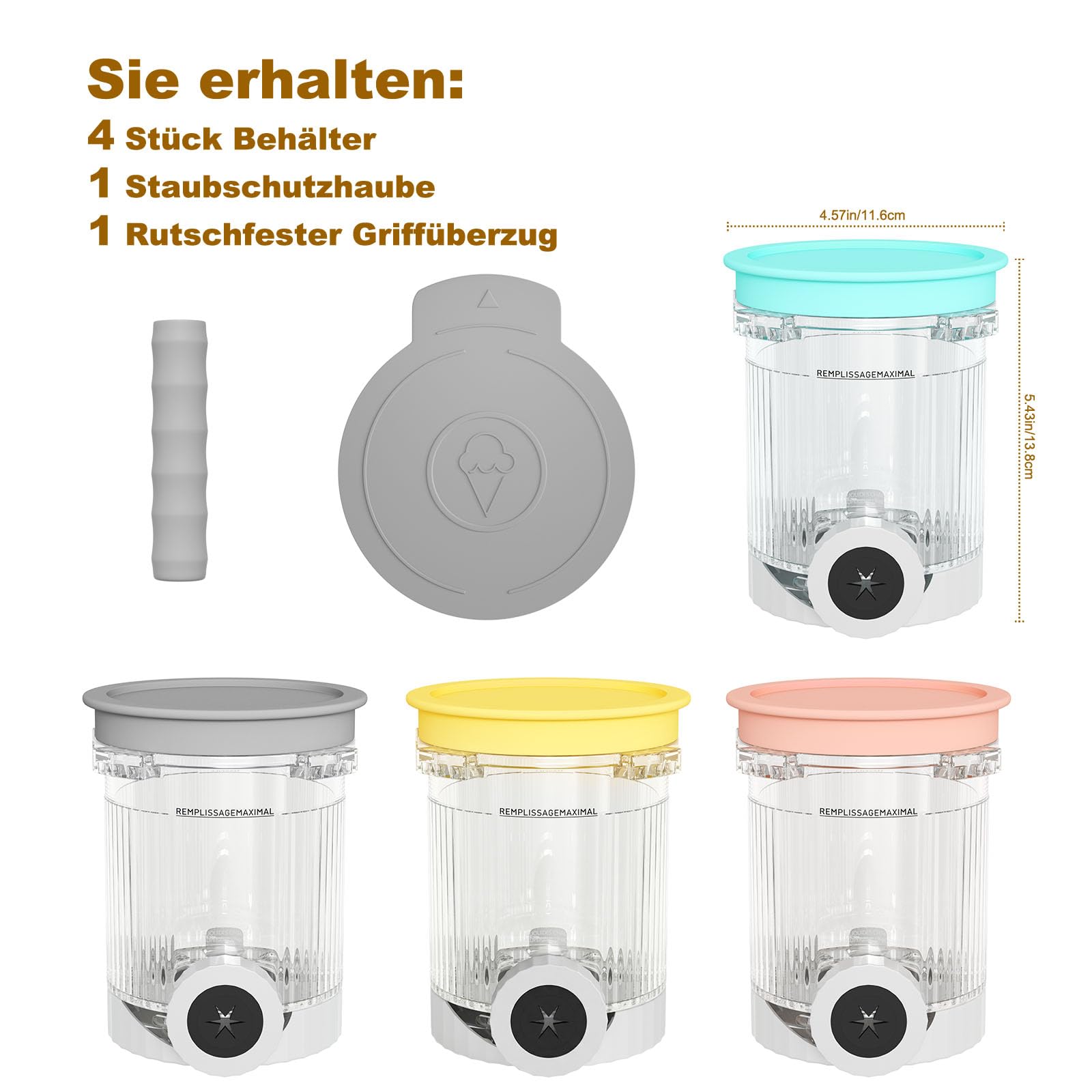 4 Stück Behälter für Ninja CREAMi Swirl, 480ML Eisbehälter für Ninja Eismaschine NC700 & NC701EU Serie, Mit Staubschutzhaube & Rutschfester Griff, BPA-frei & Spülmaschinenfest