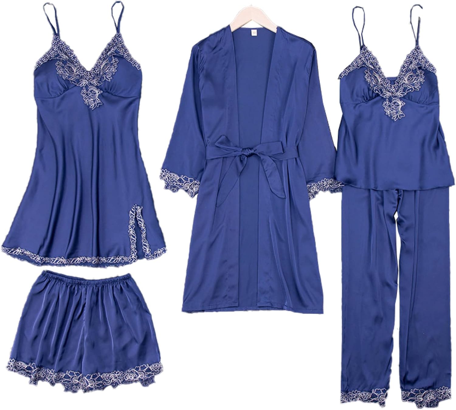 [シュウカ] ネグリジェ レディース シルク ブルー 長袖 5点セット パッド付き レース 前開き パンツ 上下セット ルームウェア