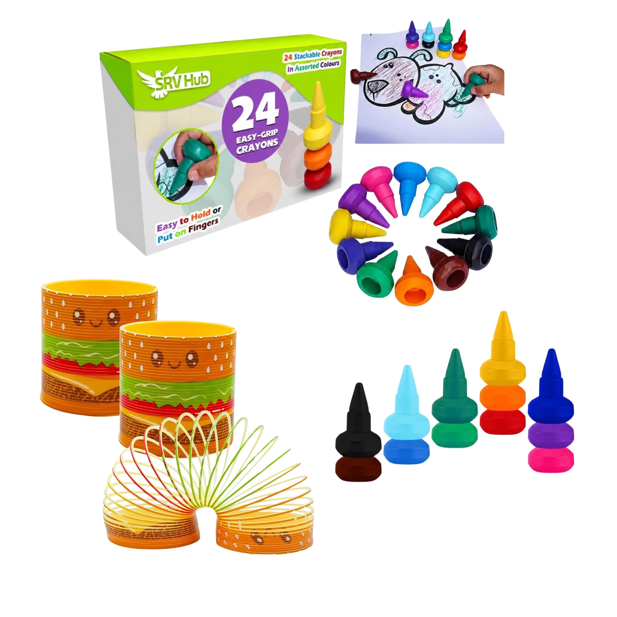 SRV Hub 2 Hamburger Magic Spring Fidget Toy & 24x Stackable Non-Toxic Easy Grip Crayons Bundle, Sensory Slinky, Washable Art Set, Party Bag Fillers, Gift for Boys Girls 3+ โ image 1