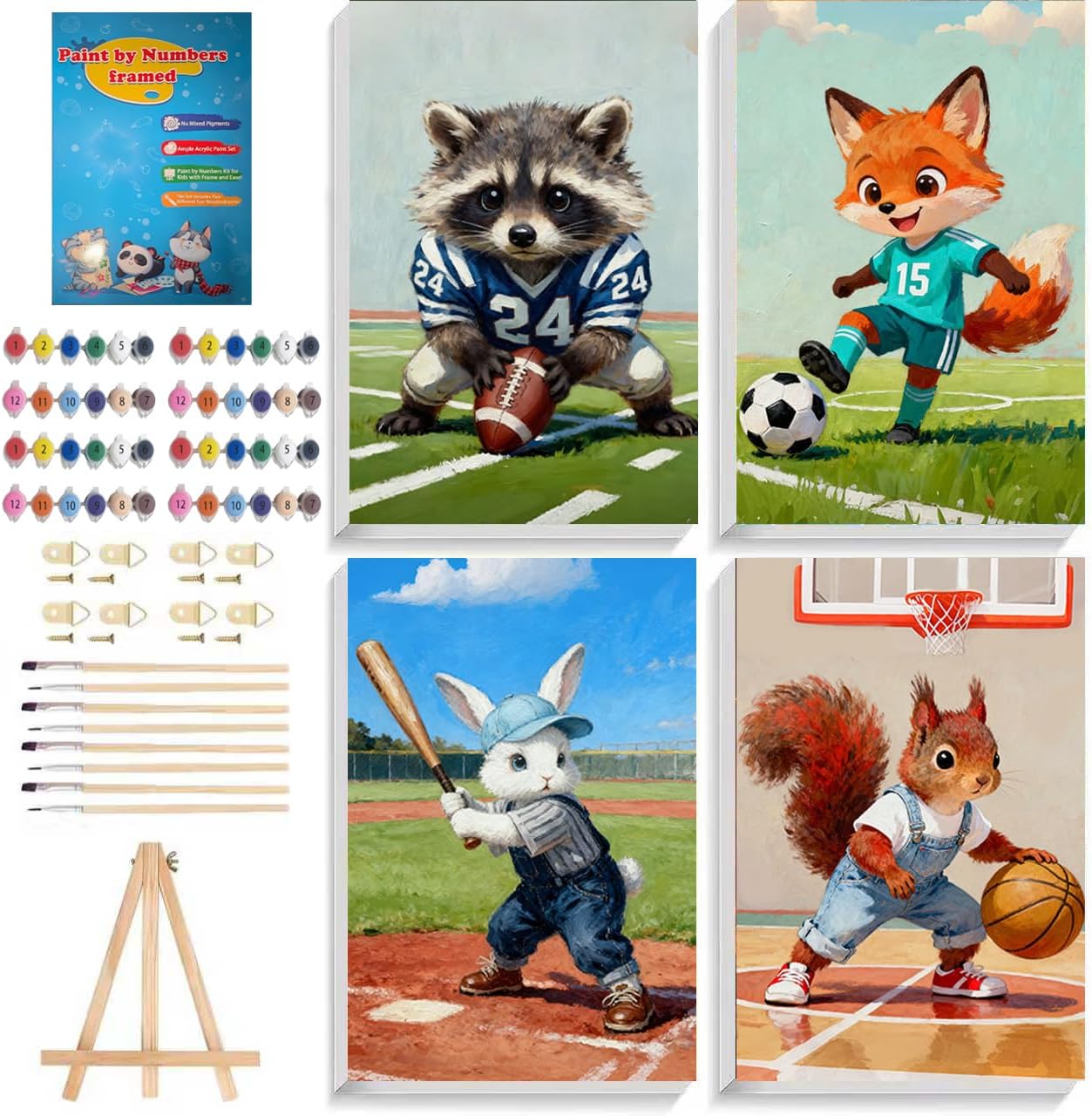 ICYANART 4 Pack Paint by Numbers Kit for Kids with Frame and Easel Sports Kids Paint by Number Age 8-12 Boys Girls Animal Paint by Numbers for Kid for Gifts and Decor 7.87x11.81in