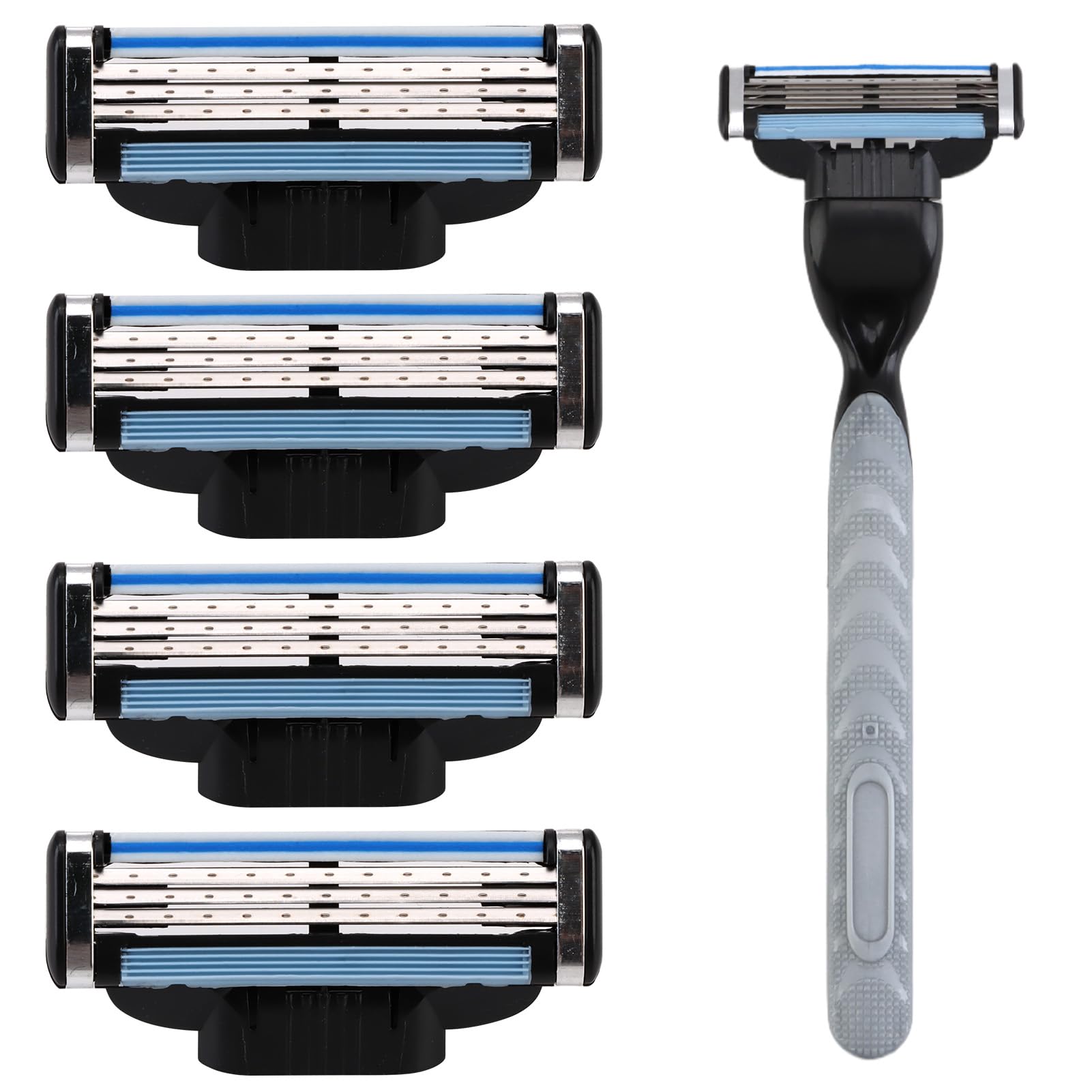 4 Pack Razor Blades Refills with 1 Handle, Replacement Blade Compatible with Mach 3 Handles, Men's 3-Layer Refills Manual Universal Shaver Blades with Double Lubrication Strip, for Father Boyfriend