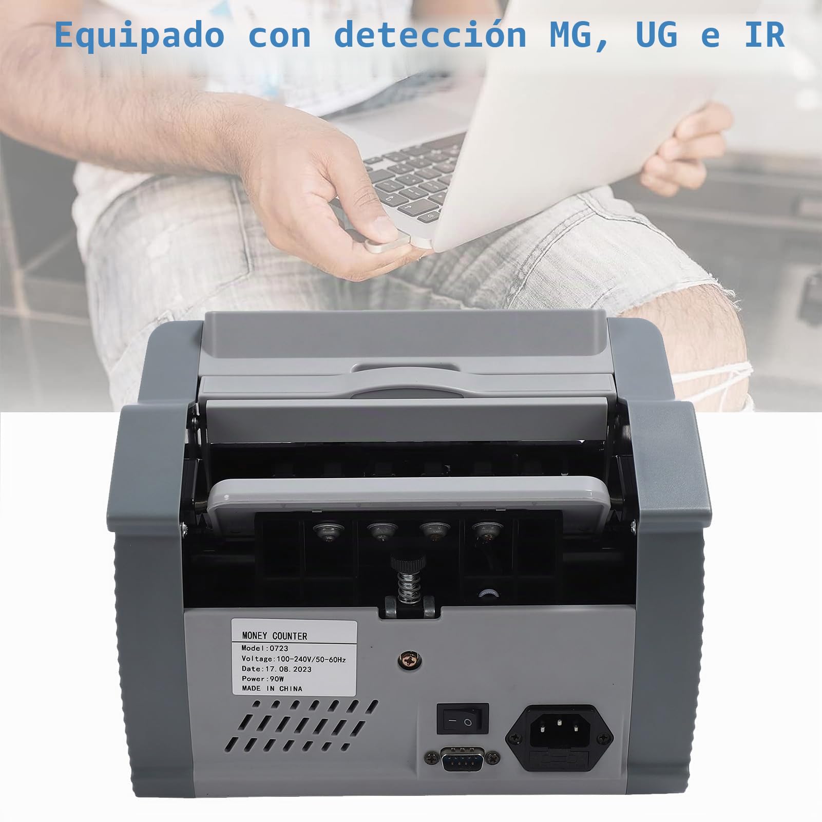 Contador de Billetes, Contador de Dinero con Recuento de Valor Falsificados MG/UG/IR, Pantalla LCD Dólar Euro CHN Modos de Adición y Lote Contador de Efectivo (Enchufe europeo)