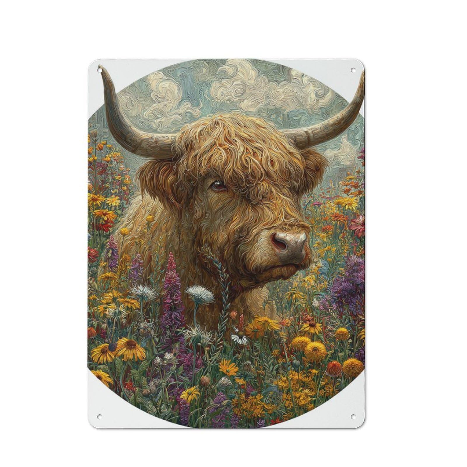 Junmoney Highland Cow In Bloom For Garden Room Or Summerhouse, Retro Tin Sign 40X30cm, Suited To Wall Displays In Garden Rooms And Summerhouses
