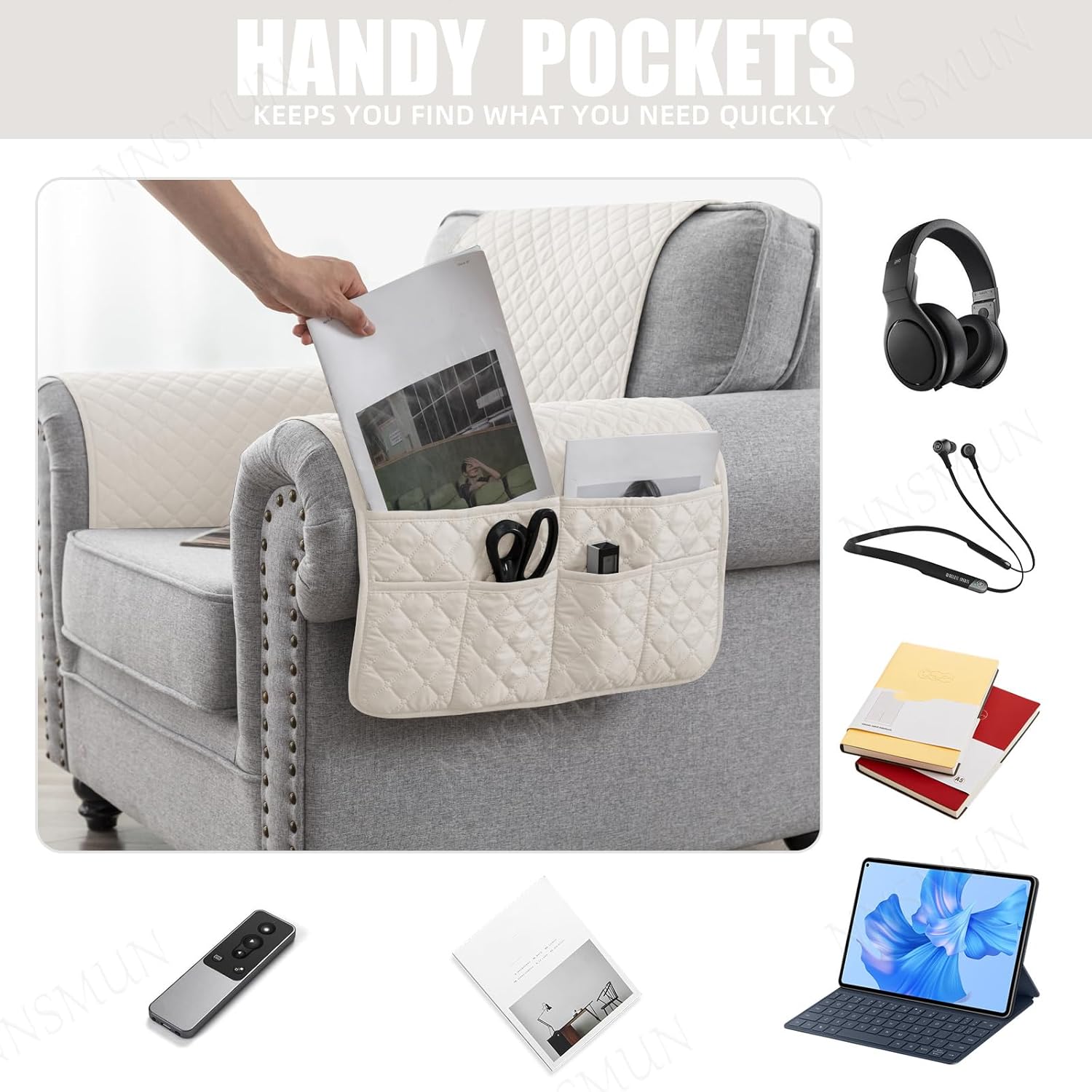 Sofa Armrest Cover 3/4/5Pcs, Waterproof and Nonslip Armchair Covers for Arms Headrest, Sofa Slipcover with Side Pocket, Quilted Protector for Pets Leather Couch (Ivory White,2 Seater(4pcs))