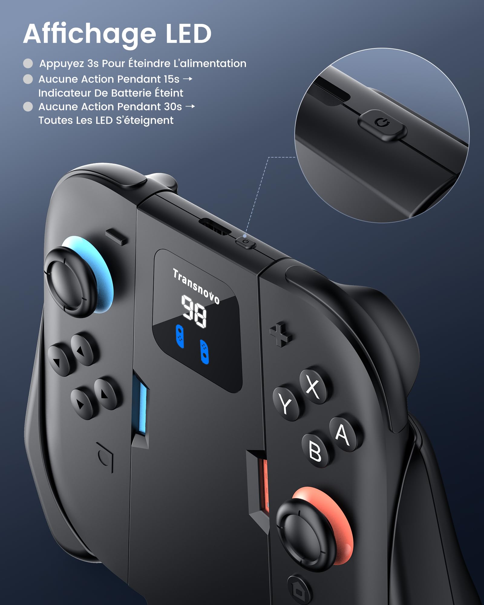 TRANSNOVO Poignée de Charge Joy Con 2 Compatible avec Switch 2 Manettes, Support de Recharge Magnétique avec Câble, Indicateur LED, Prise Ergonomique Antidérapante (Noir, 1400 mAh)