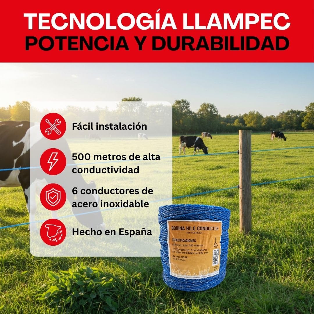 Llampec Hilo Pastor Eléctrico 500 m x 3 mm Azul – Cinta 6 Conductores Acero Inoxidable – Alta Conductividad y Resistencia UV – Cable Valla Eléctrica para Caballos, Vacas y Perros – Bobina Pastor