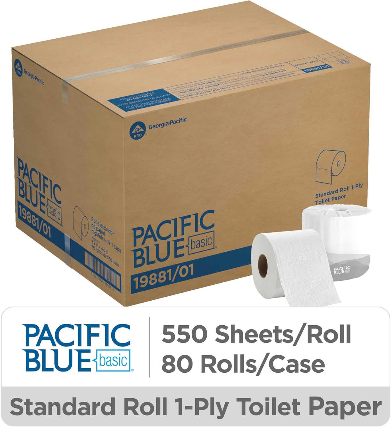 Pacific Blue Basic 1-Ply Embossed Toilet Paper (Previously Branded Envision), 19881/01, 550 Sheets Per Roll, 80 Rolls Per Case
