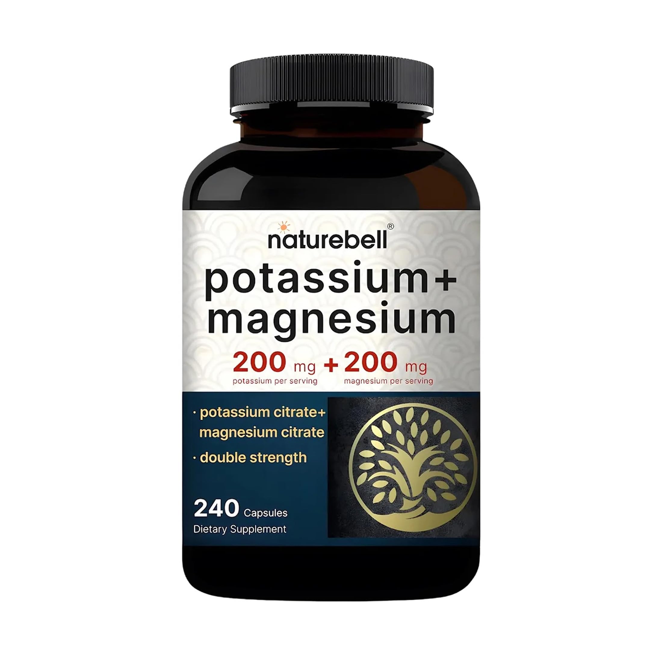 NatureBell Potassium Magnesium - 240 Capsules - 200mg Potassium Citrate & 200mg Magnesium Citrate - High Absorption Electrolyte & Circulation Support* - Muscle & Heart Support*