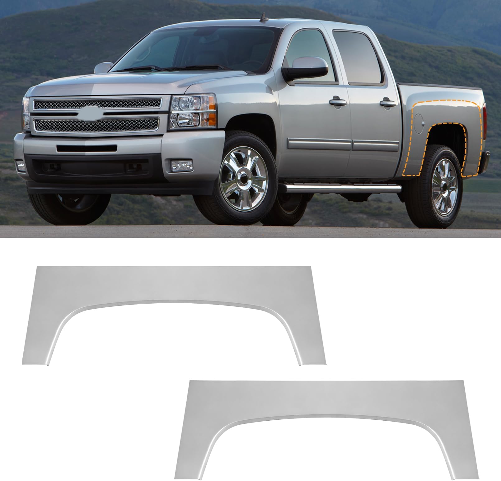2 Pcs Rear Wheel Arch Repair Panel Fit For 2007-2013 Chevy Chevrolet Silverado 1500 2500HD Truck Bed Upper Wheel Arch Patch Quarter Panels Replacement For Driver & Passenger Side, Silver