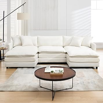 Sectional Sofa Modular Deep Seat Sofa Couch with Ottoman, 108 Chenille Sofa Sleeper Comfy Upholstered Furniture for Living Room, Apartment, Studio, Office White, 108.27"- U Shape