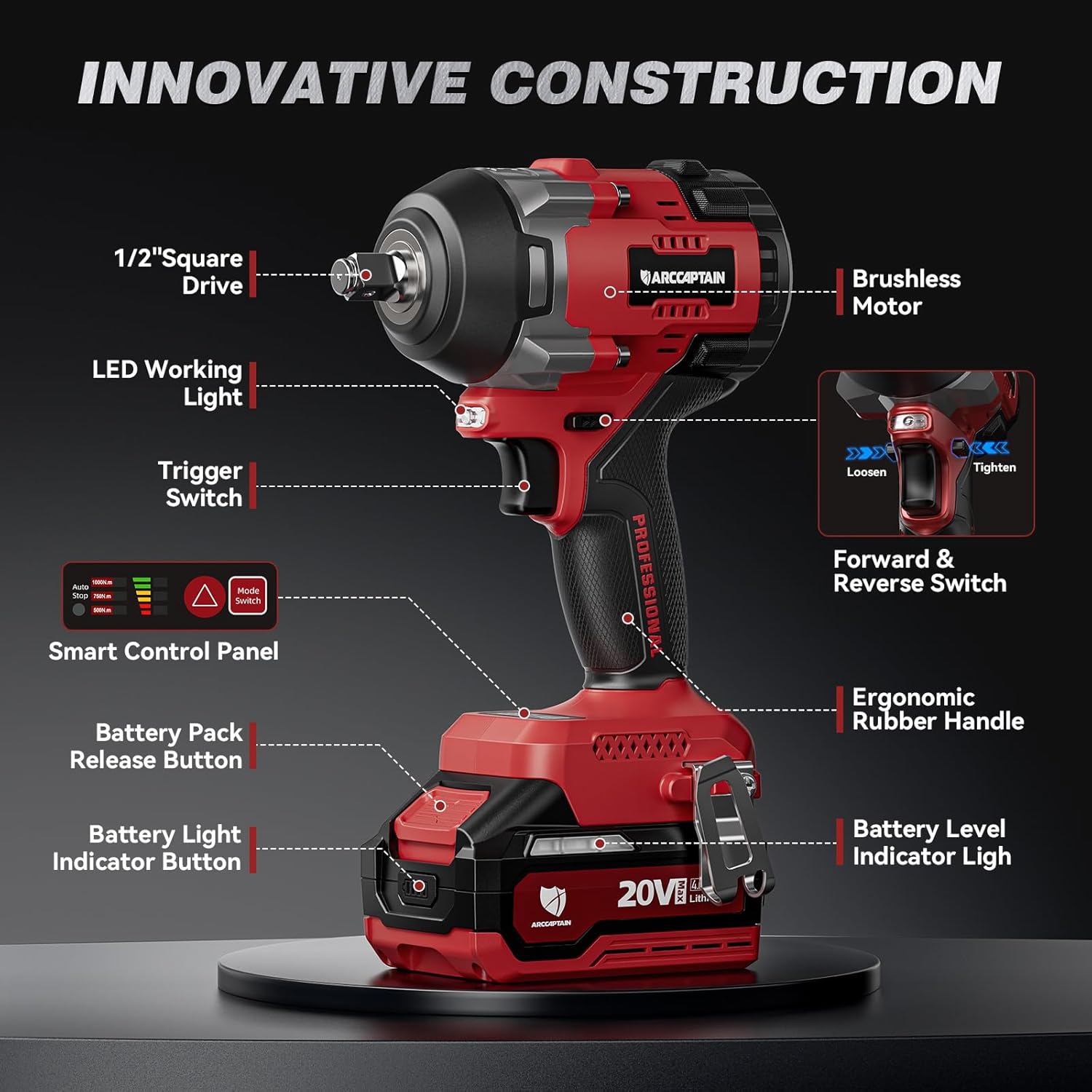 ARCCAPTAIN Cordless Impact Wrench, 1350N.m (1000Ft-lbs) 1/2" High Torque Impact Gun, 15C High-Rate 2x4.0Ah Batteries, 20V Power Impact Driver, Supports Up to 40mm Socket for Heavy Truck/Car/Pickup - Image 8