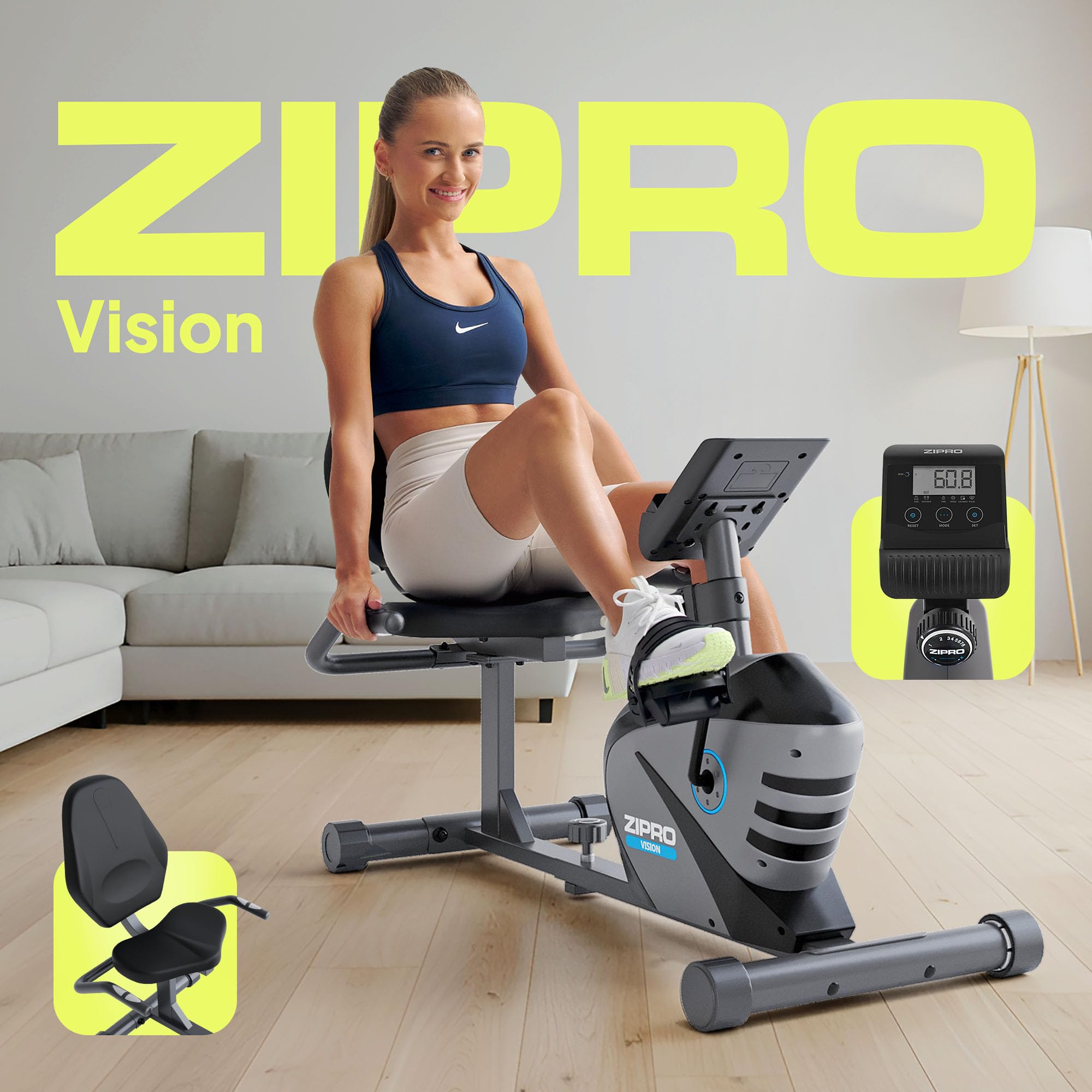 Zipro Cyclette Vision, Fitness Bike Ergometrico, Trainer Magnetico per Bicicletta, Ergometro fino a 120 kg, Bici da Interno, Cyclette per Allenamenti Domestici, Batteria Operata