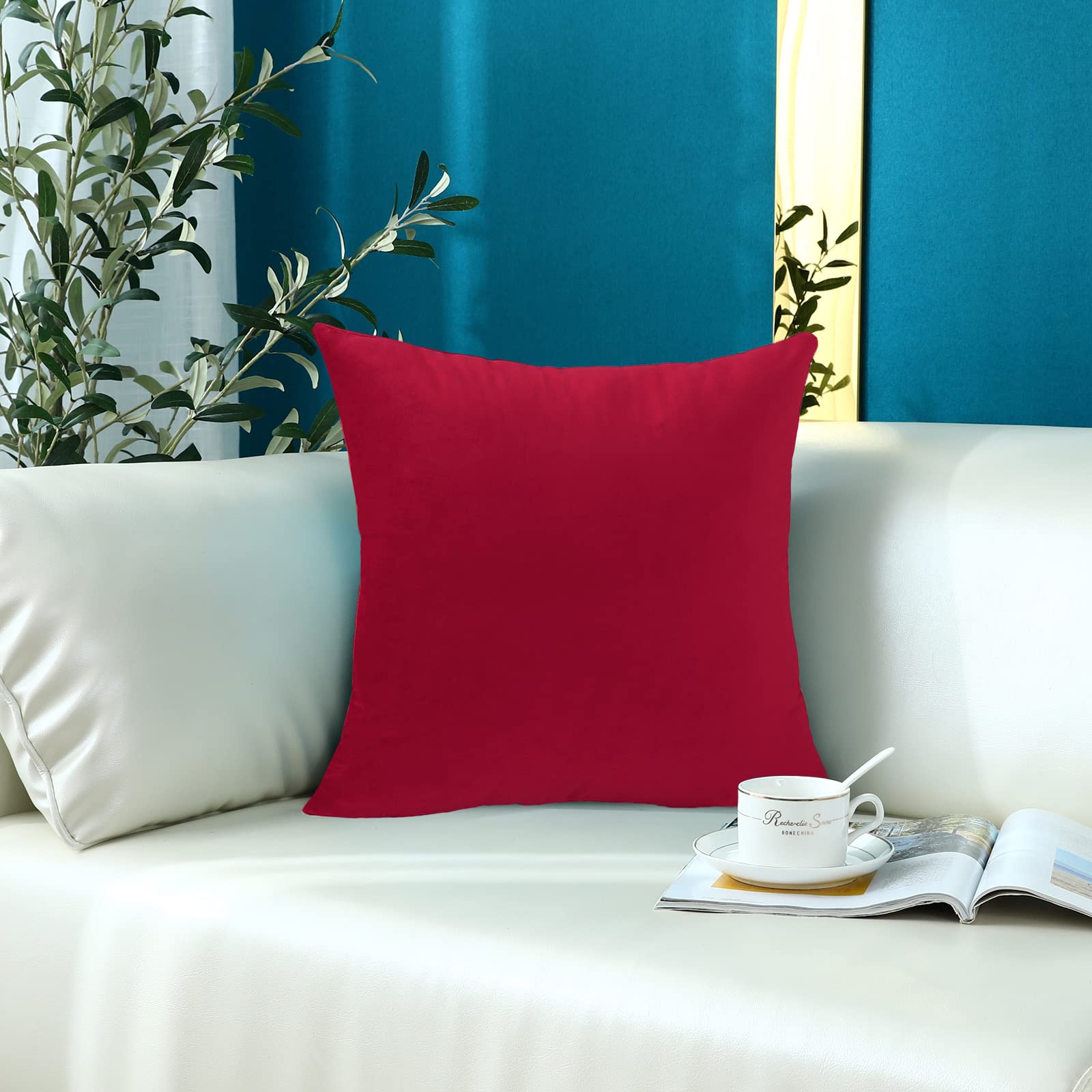 mixeoo Comfy Bright Red Throw Pillow Covers Santa Decorative Square Solid Thick Velvet Super Soft Cushion Cases Home Decor for Sofa Couch Living Room Chair, Set of 1, 24 x 24 Inch