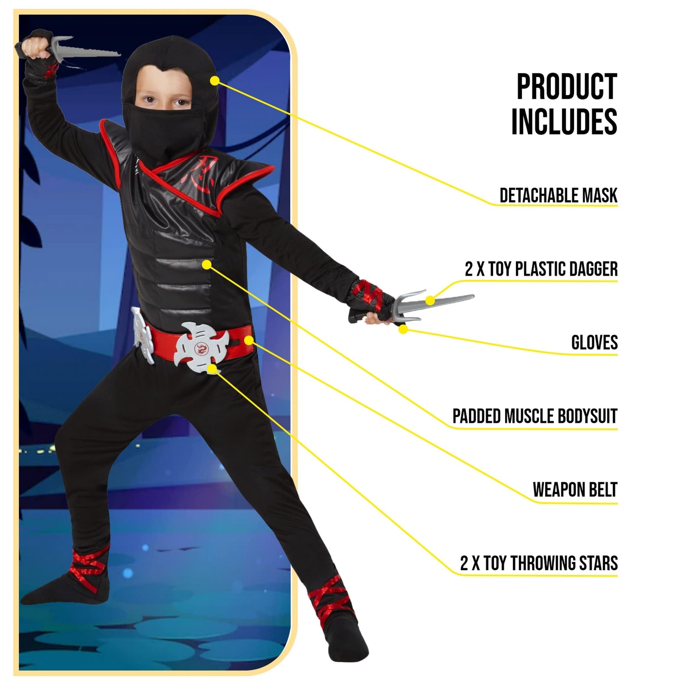 Morph Costume Ninja Bambino, Costume Halloween Bambino | Tuta con Muscoli, Maschera, Guanti, Stelle & Daghe, Cintura Integrata, Perfetto per Halloween, Ideale per il Gioco di Ruolo