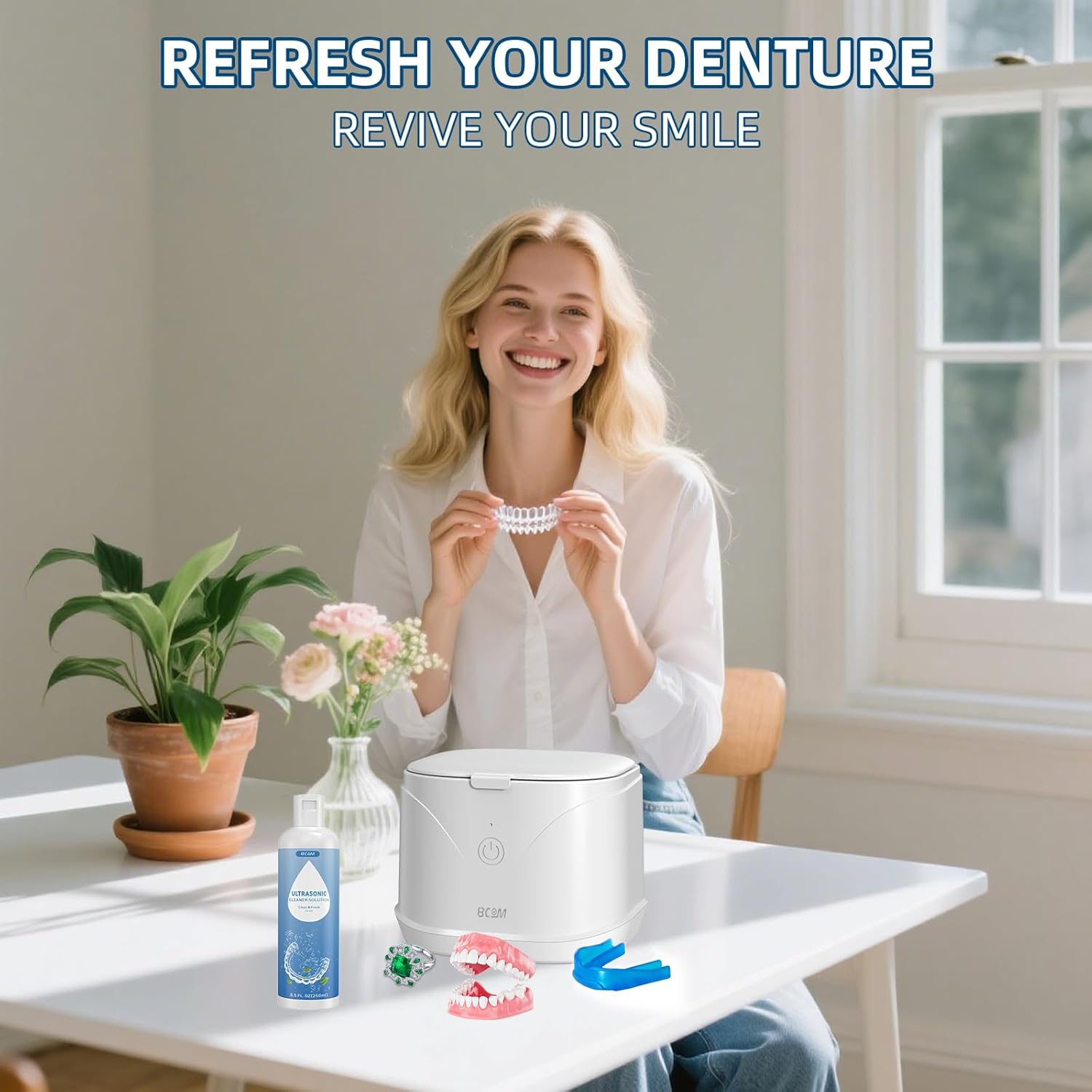 BCOM Ultrasonic Retainer Cleaner, Retainer Cleaner Machine 46kHz, Professional Portable Ultrasonic Jewelry Cleaner for Dental Retainer Pod, Mouth Guard, Watch, Ring, Jewelry - Household Use, White