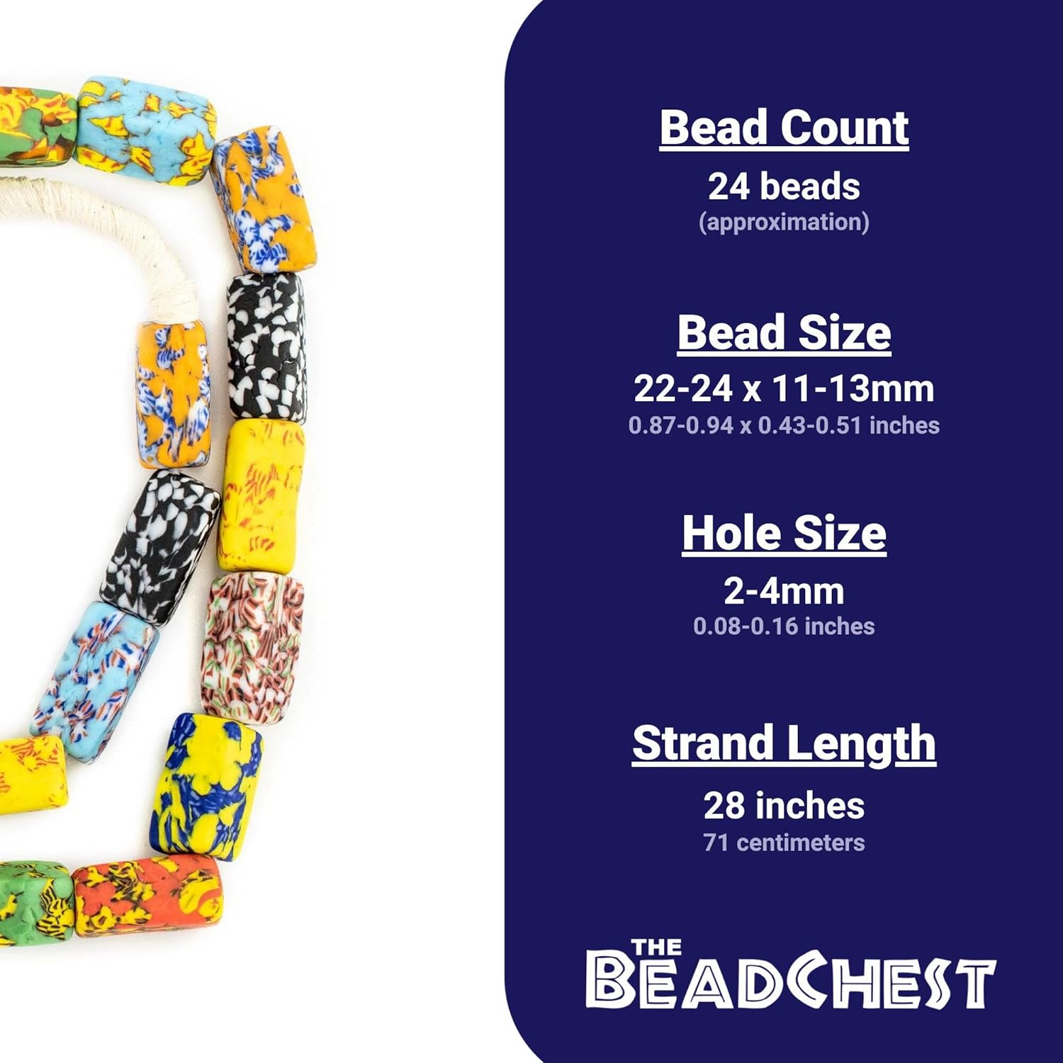 The Bead Chest House Medley Fused Rectangular Recycled Glass Beads 12mm Ghana African Multicolor Rectangle Large Hole 28 Inch Strand Handmade