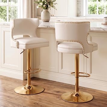 ROCITY Beige Modern Bar Stools Set of 2 PU Leather Bar Chairs
