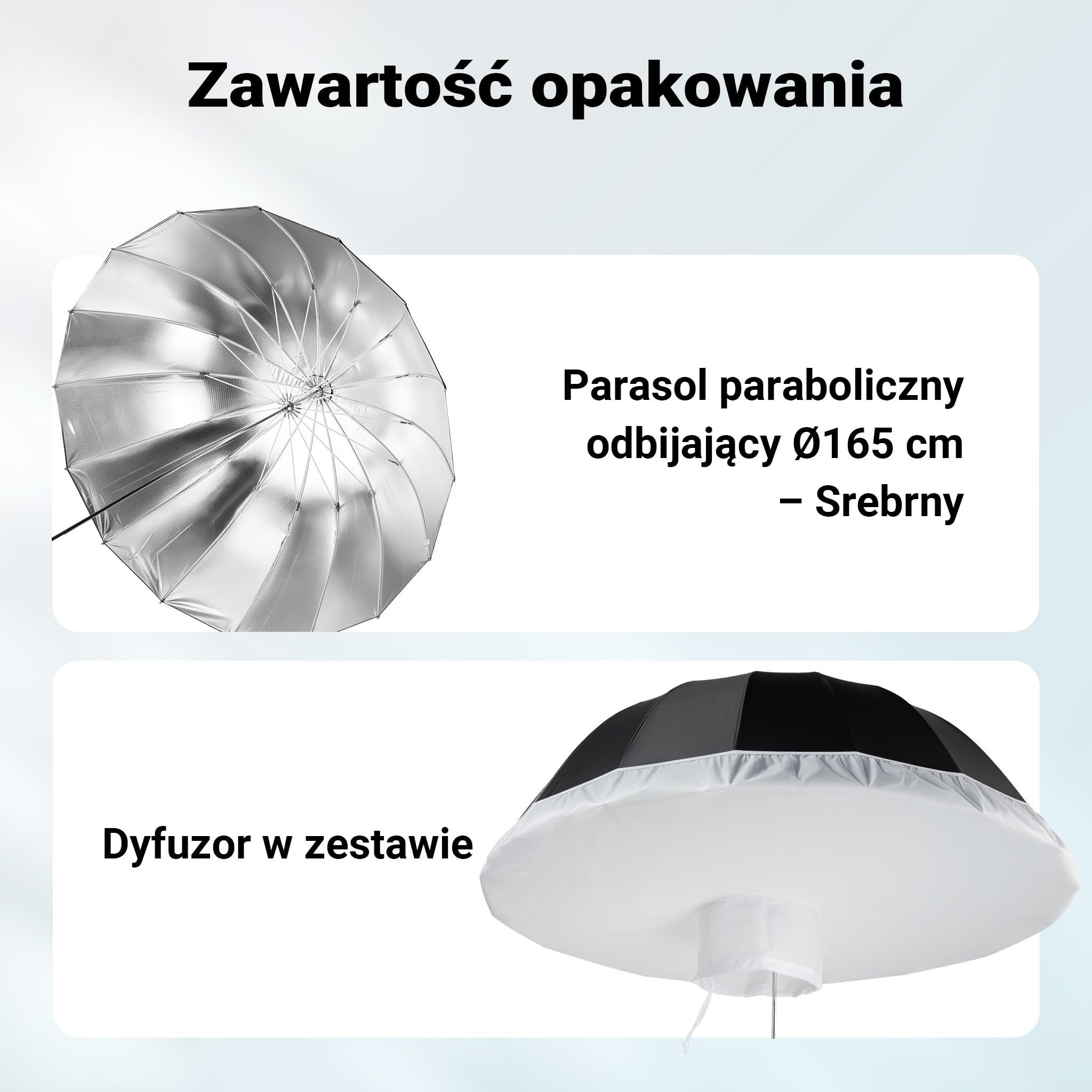 Walimex pro Parasolka paraboliczna refleksyjna czarna/srebrna Ø 165 cm + dyfuzor – zestaw modyfikatorów światła do fotografii i filmu