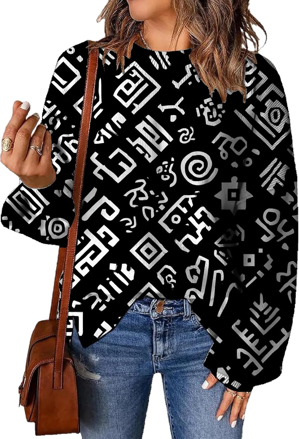 Womens Sweater Fashion Printed Lantern Sleeve Crewneck Pullover Tops Plus Size Warm Soft Knitted Fall Jumpers