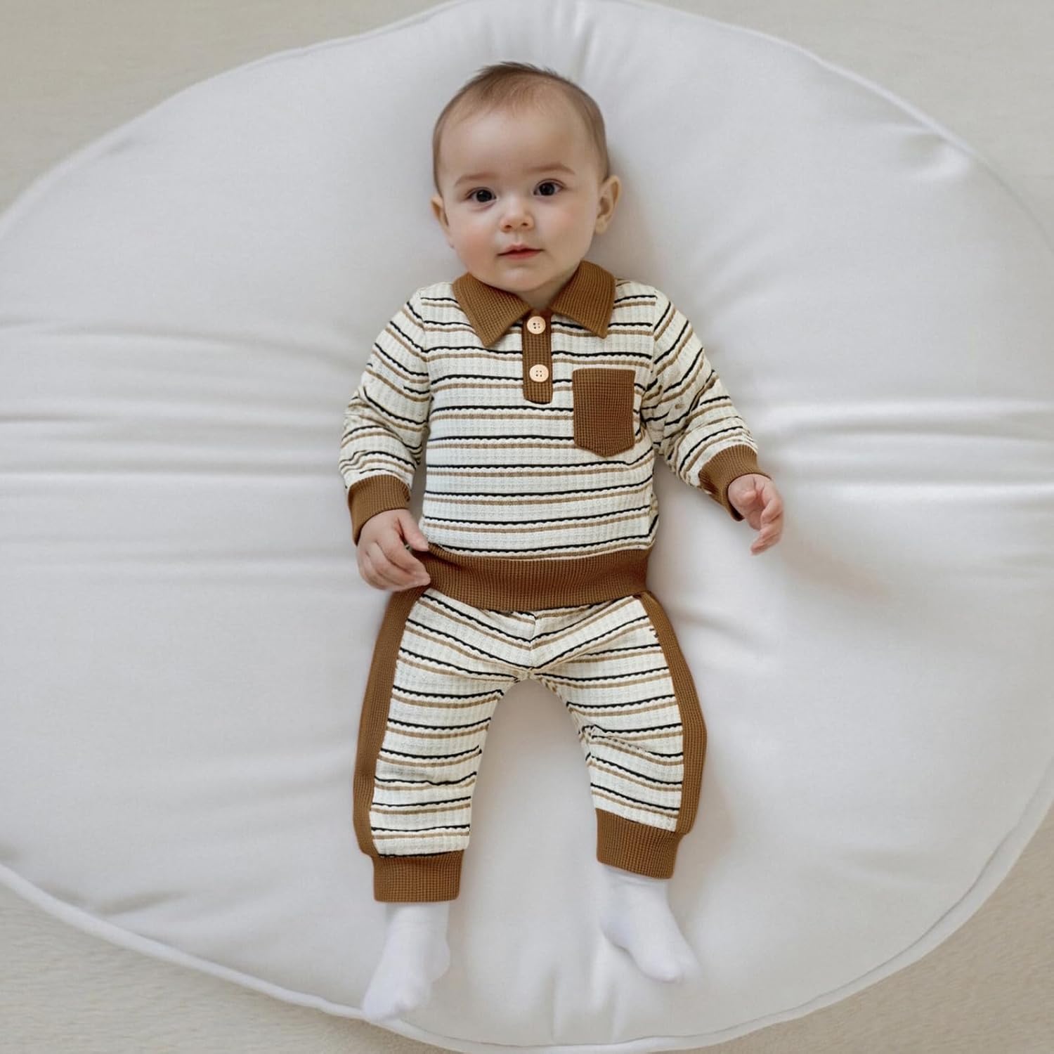 Kuriozud Toddler Boy Fall Clothes Baby Long Sleeve Lapel Button Shirt Color Block Pants Set Baby Boy Winter Outfit - Image 3