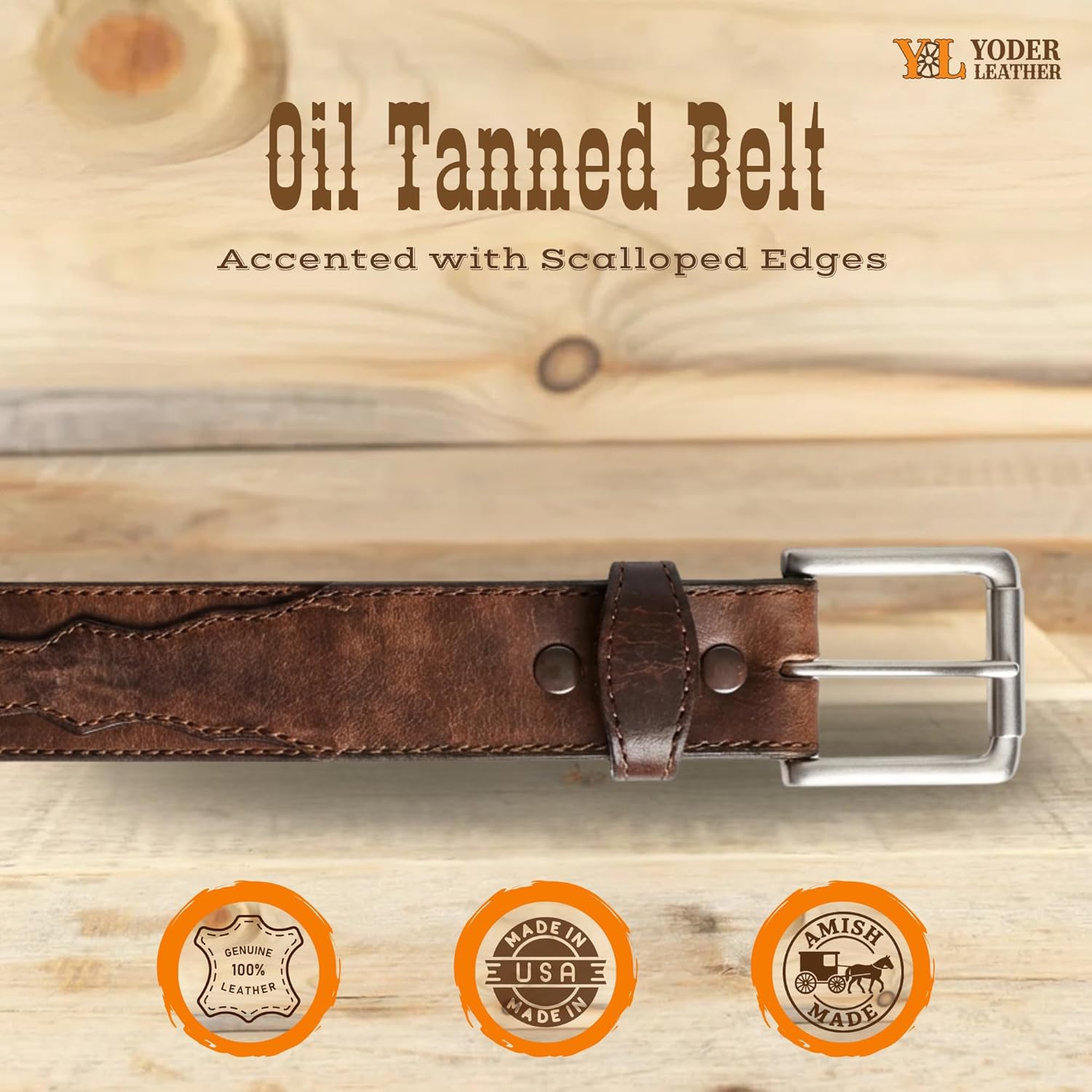 Yoder Leather Company Amish Made Oil Tanned Belt with Scalloped Tabs - Image 2