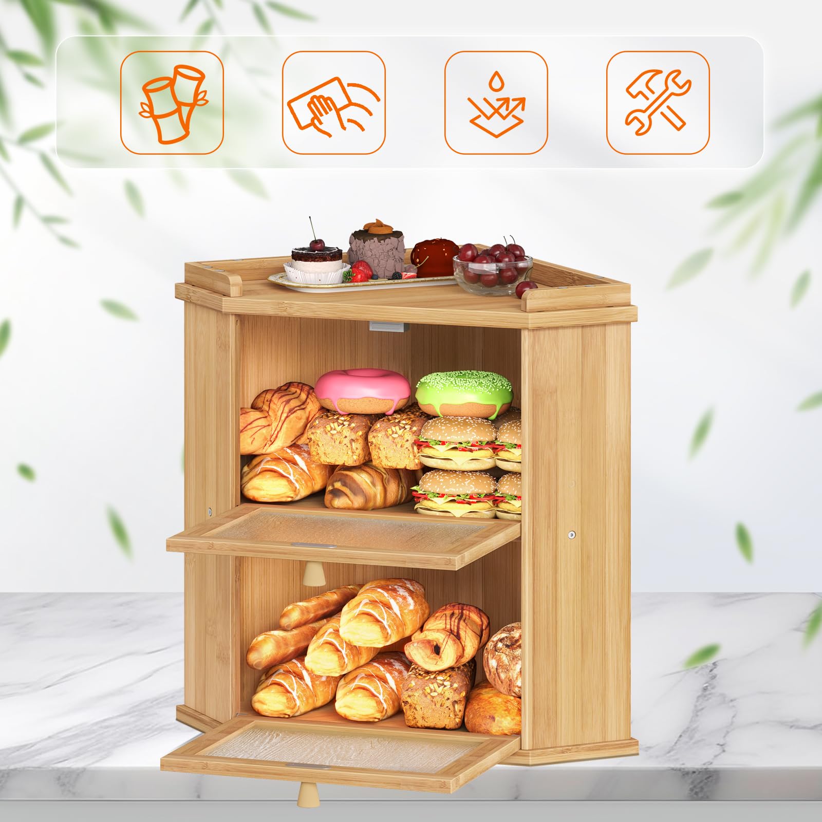 HOOBRO Panera, Caja para Pan de Bambú, Doble Nivel, con Compartimento Superior, para Cocina y Comedor, 32 x 32 x 44 cm, Natural EYL19MB01