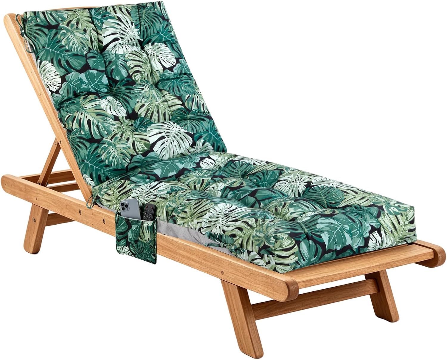 Patio Chaise Lounge Cushions, 68"x21"x4.5" Waterproof Replacement Beach Pool Lawn Outdoor Lounge Chair Cushion with Pocket, Non-Slip Bottom & Secure Ties for Outdoor Furniture, Monstera