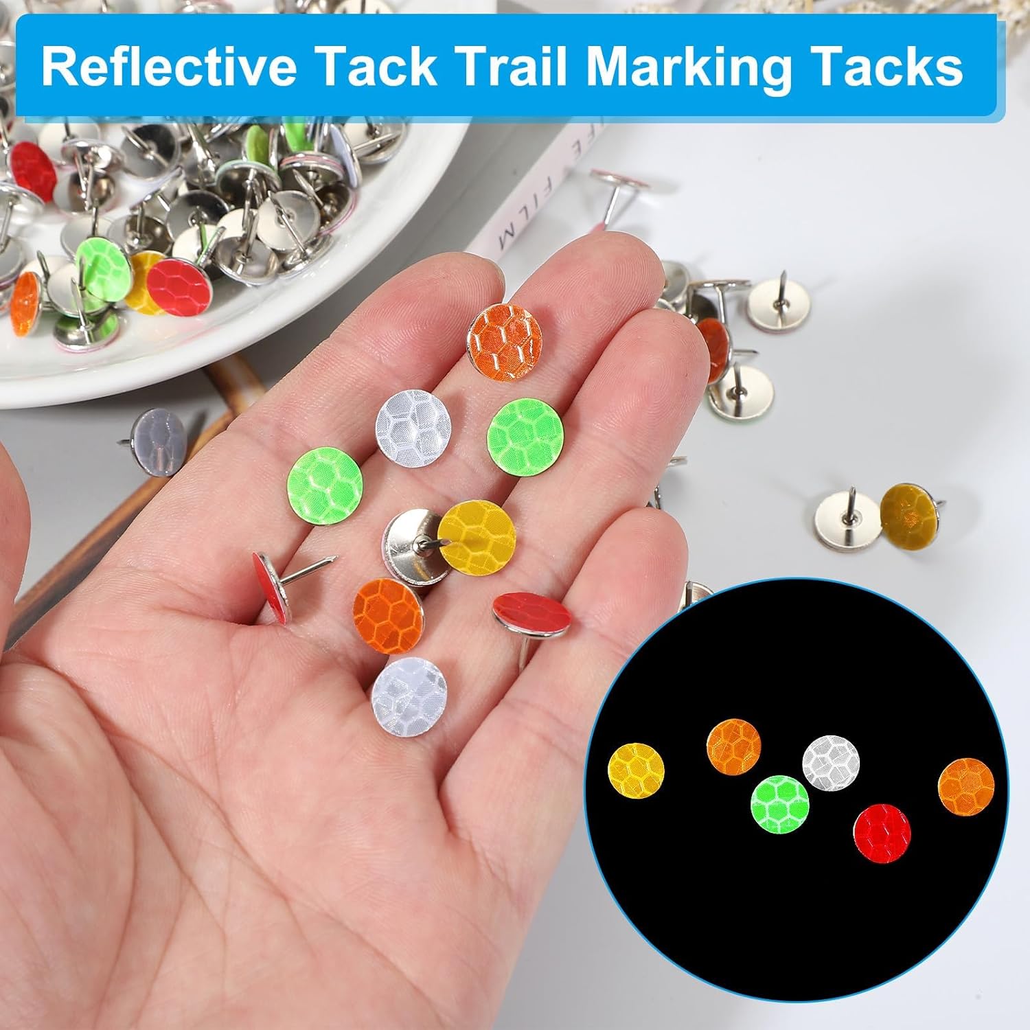 PATIKIL Reflective Tack Trail Marking Tacks, Glow Tacks Reflective Thumb Tacks for Hunting Hiking Camping Tree Stand Multicolor Pack of 50