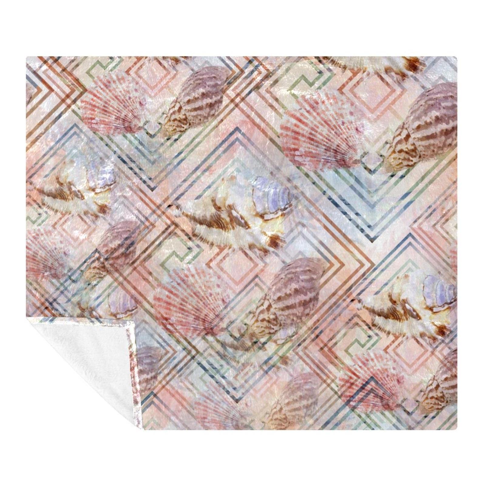 Couverture polaire microfibre 150x130 cm imprimé coquillages géométriques pour lit et canapé