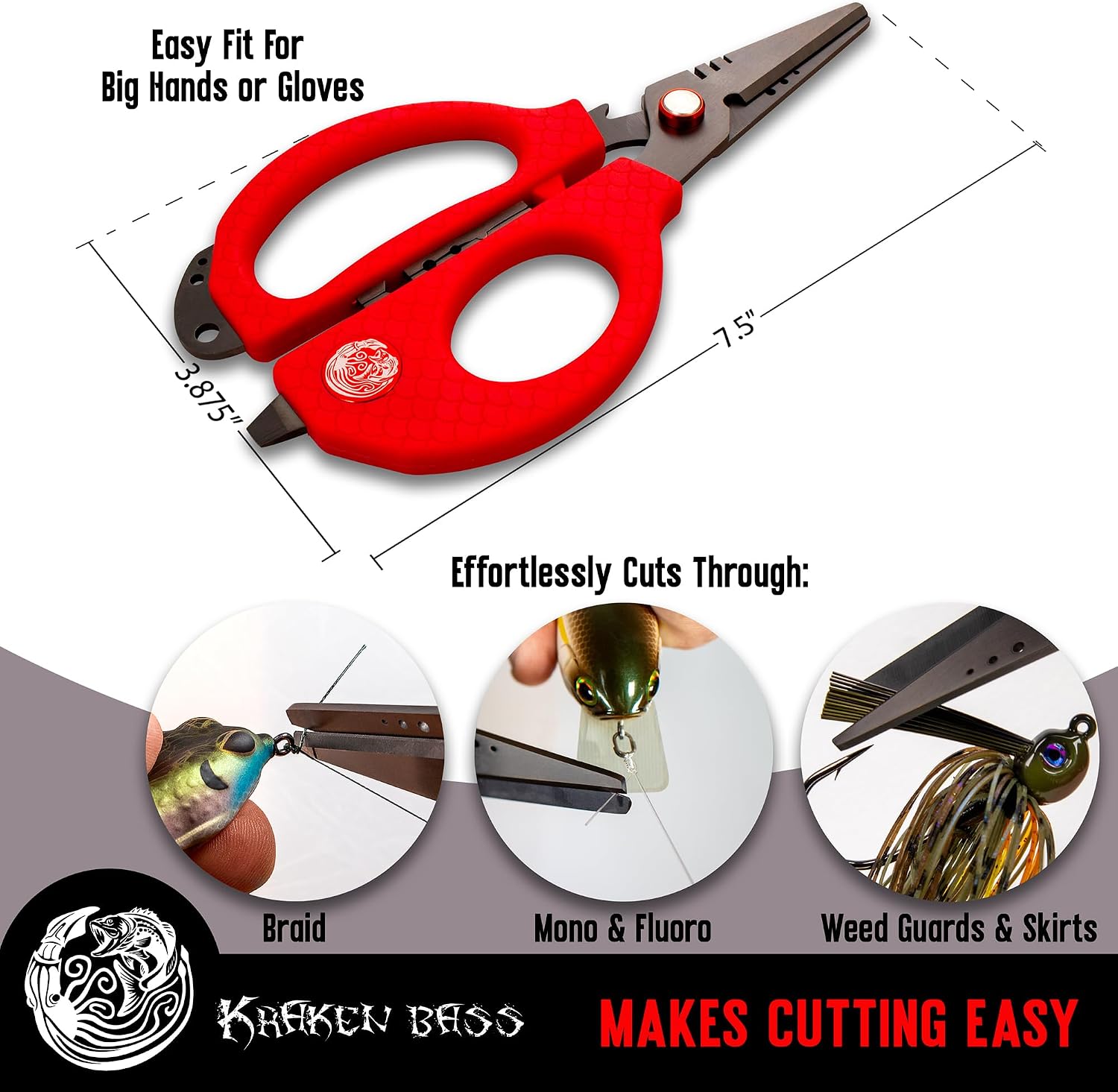 Fishing Scissors - Fits Big Hands or Gloves for Cutting Braided Fishing Line & Modifying Baits Rust Proof
