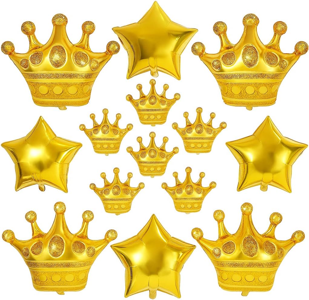Katchon, Large Gold Crown Balloons And Star Balloons - 28 Inch, Pack Of 14 | King and Queen Crown Set | Gold Party Decorations For Royal Birthday Party, Royalty Baby Shower, New Years Decorations 2026