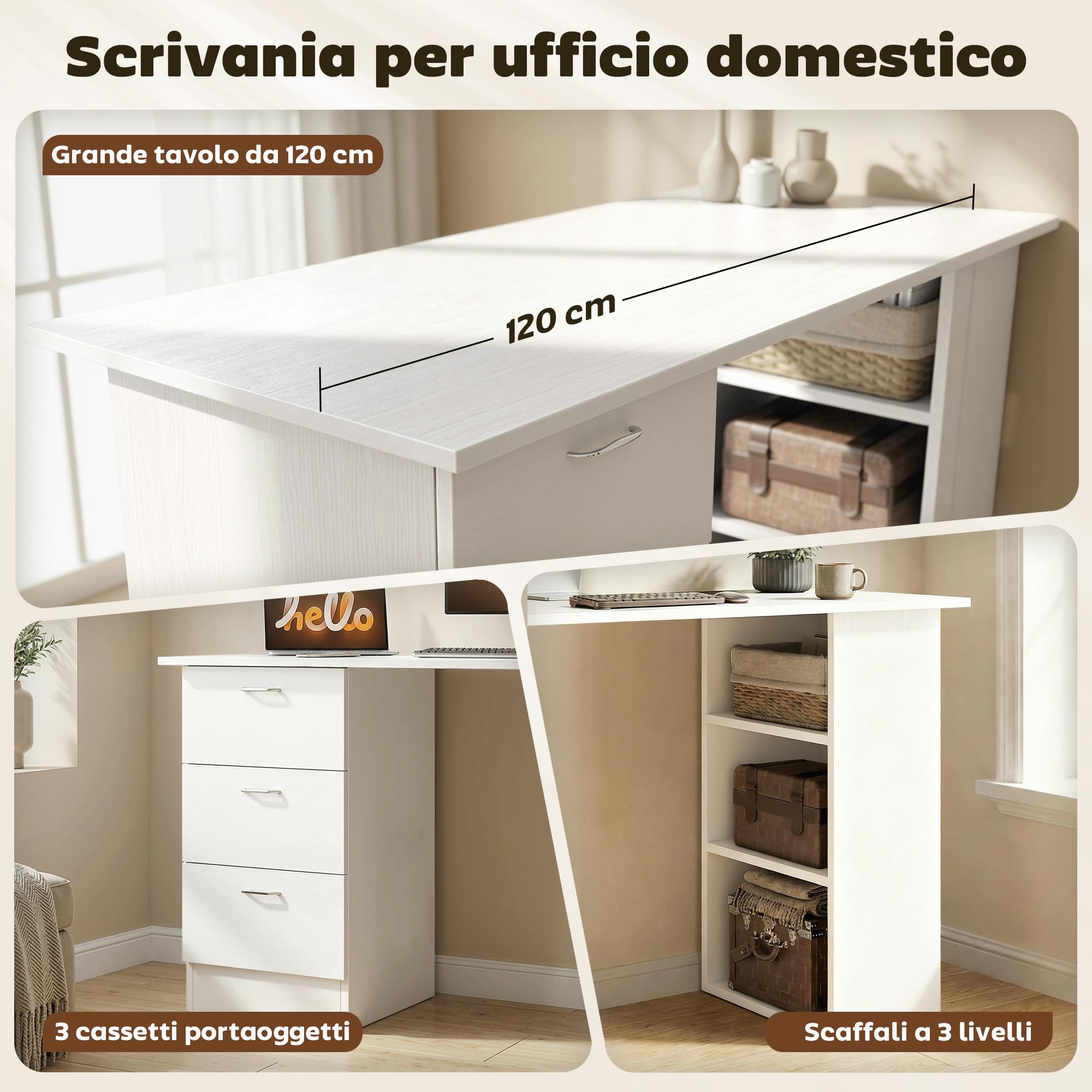 HOMCOM Scrivania Porta PC con 3 Cassetti e 3 Ripiani, Scrivania per Camera e Ufficio in Legno 120x49x72cm Bianco