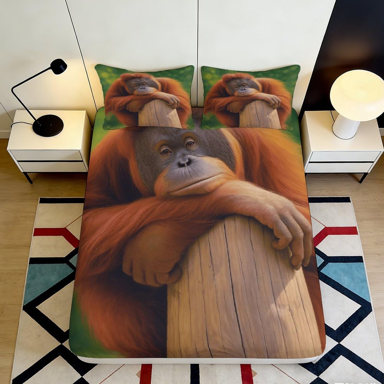3D Printed Orangutan Forest Fitted Sheet Microfiber Soft Breathable Jungle Tree Bed Cover for Bedroom Dorm Decor Mattress Protection 90x200x25cm