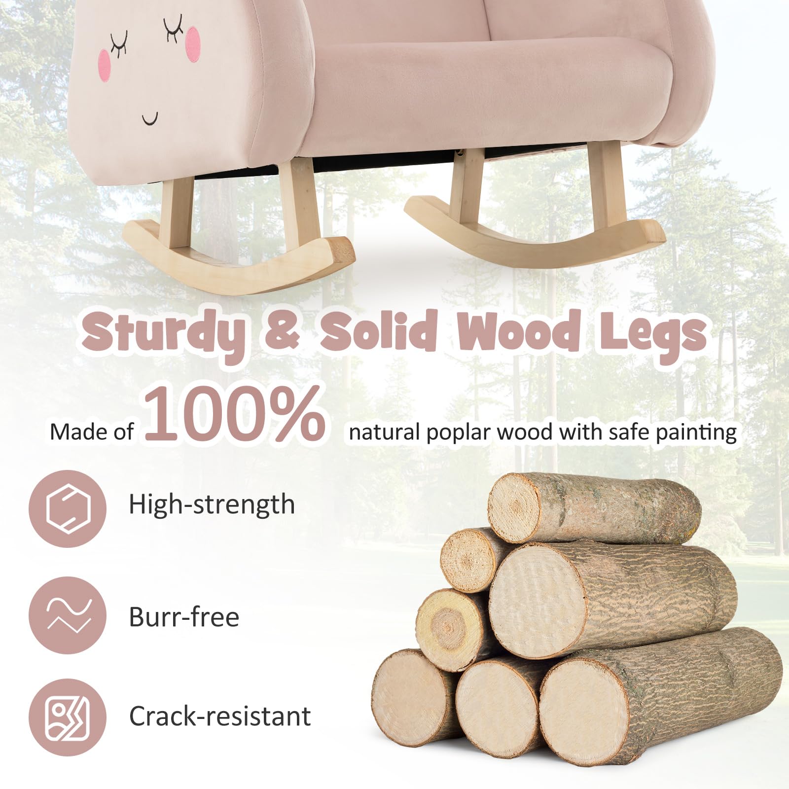 GOPLUS Fauteuil à Bascule Enfant, Fauteuil Rembourré en Éponge avec Pieds en Bois Massif & Patins Antidérapants, Chaise à Bascule en Velours avec Accoudoirs, Cadeau pour Enfants 3-5 Ans, Rose