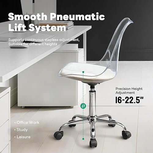 Miniatura 7 de Lessmore Silla de escritorio de acrílico transparente con cojín de piel sintética, silla ajustable de oficina en casa con ruedas, silla de tocador