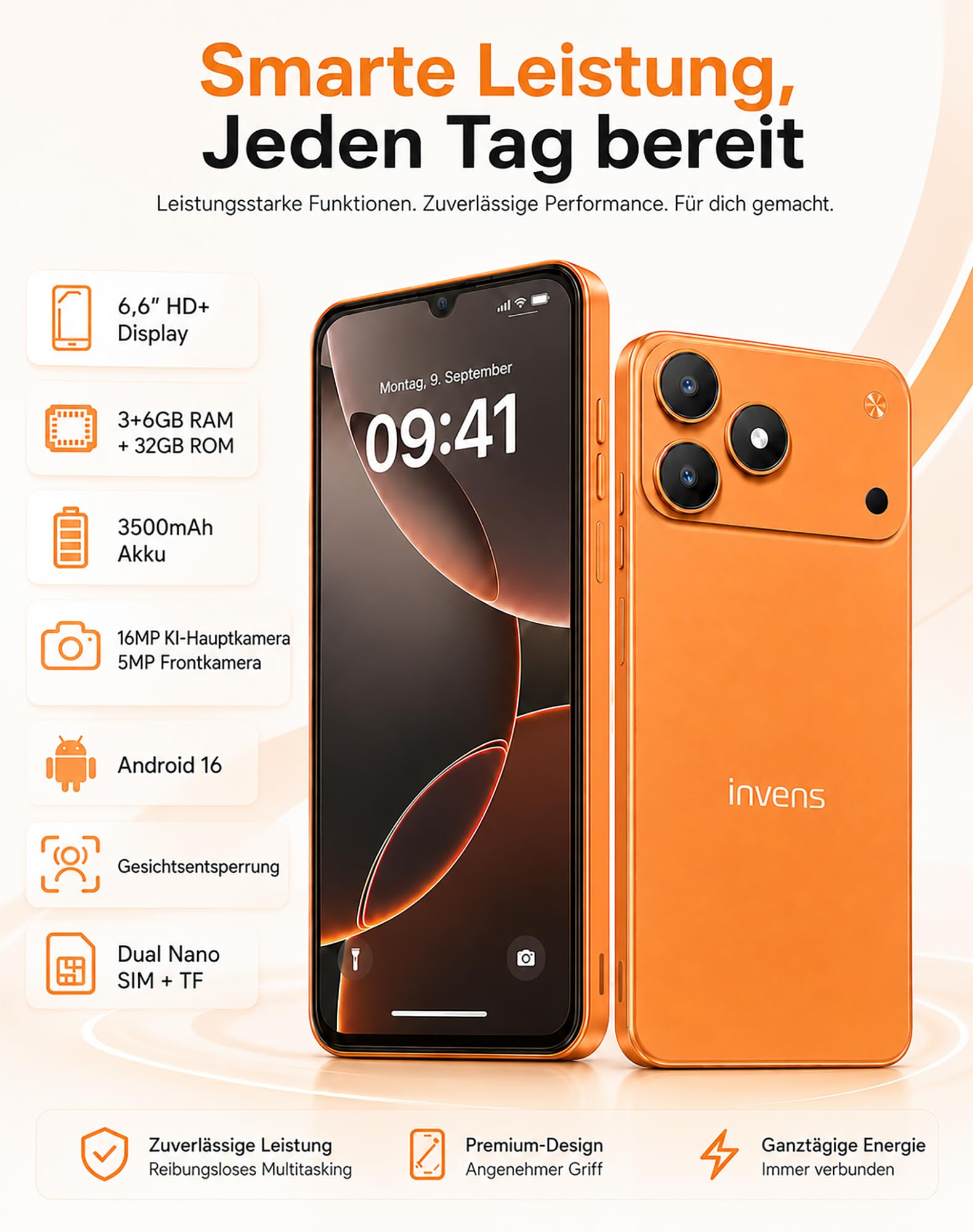 invens Note 15P 4G Smartphone ohne Vertrag, 6,52 Zoll Android 16 Go Handy, 9GB + 32GB/TF256 GB, Dual SIM Smartphone, 16MP+5MP Kamera, Face ID, 3500mAh Abnehmbarer Akku, USB-C, Schwarz
