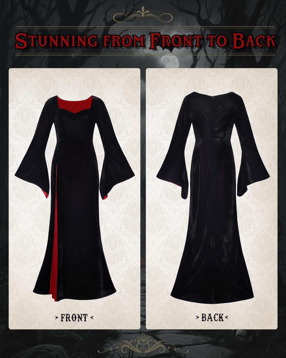 Morticia Addams Halloween Costume Women Gothic Velvet Long Black Dress with Lace Necklace Rose Cosplay Party Outfit - Image 4