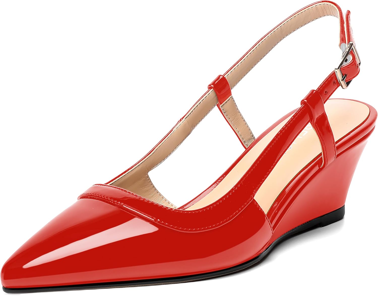 AMBELIGHT Women's Wedge Buckle 2 Inch Pointed Toe Patent Slingback Sexy Solid Low Heel Evening Pumps Shoes Red Size 8.5 - Zapatos de Mujer de Tacon Bajo Elegantes para Fiesta