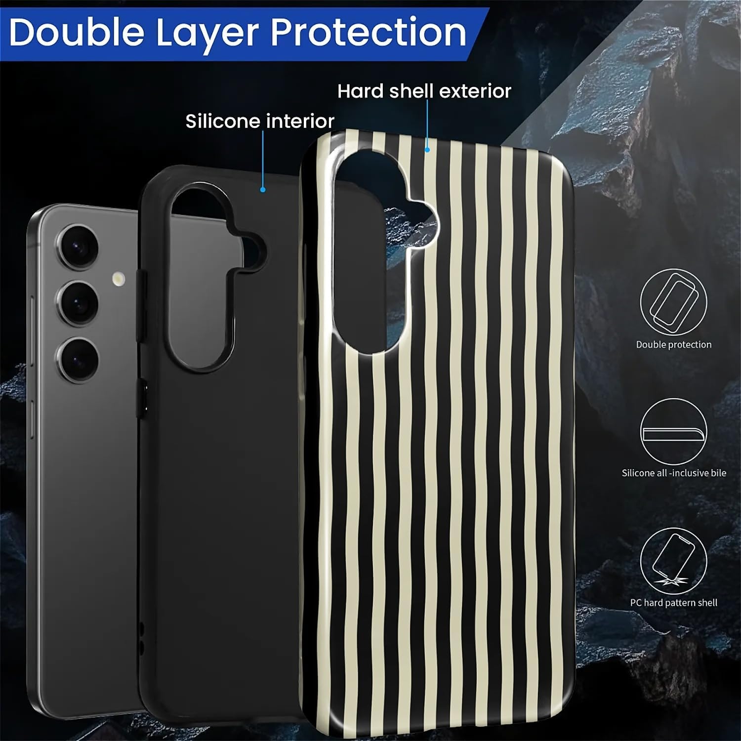 for Samsung Galaxy S25 Case,HL2 Black Stripes Hybrid 2 Layer Hard Shell Silicone Protective Pattern Design Case - Image 2