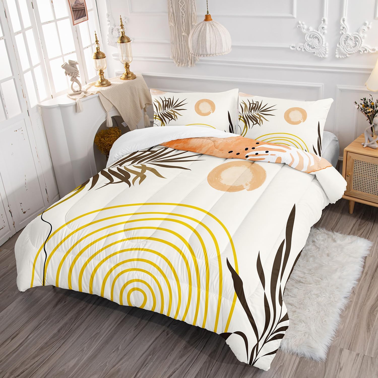 Nttopship Mid Century Boho Yellow Comforter Set Queen Size, Abstract Arch Sun Comforter Bedding Set for All Seasons,Soft Microfiber 3 Pieces Comforter Set with Pillowcases