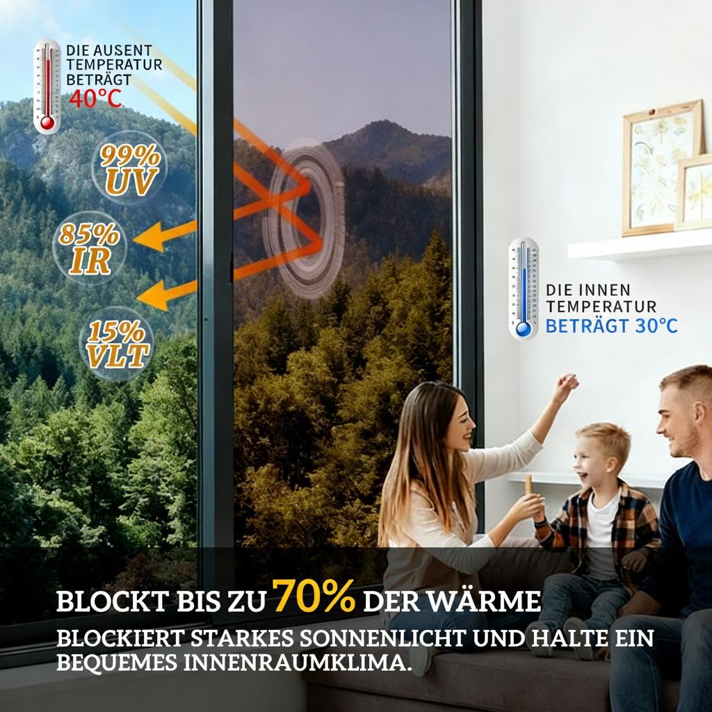 Rockrose Spiegelfolie Fenster Sichtschutzfolie – Sonnenschutzfolie Hitzeschutz, Reflektierende Fensterfolie Einweg-Sichtschutz (Von Außen Blickdicht), 99% UV-Schutz – Bronze-Silber, 91 cm X 30 M
