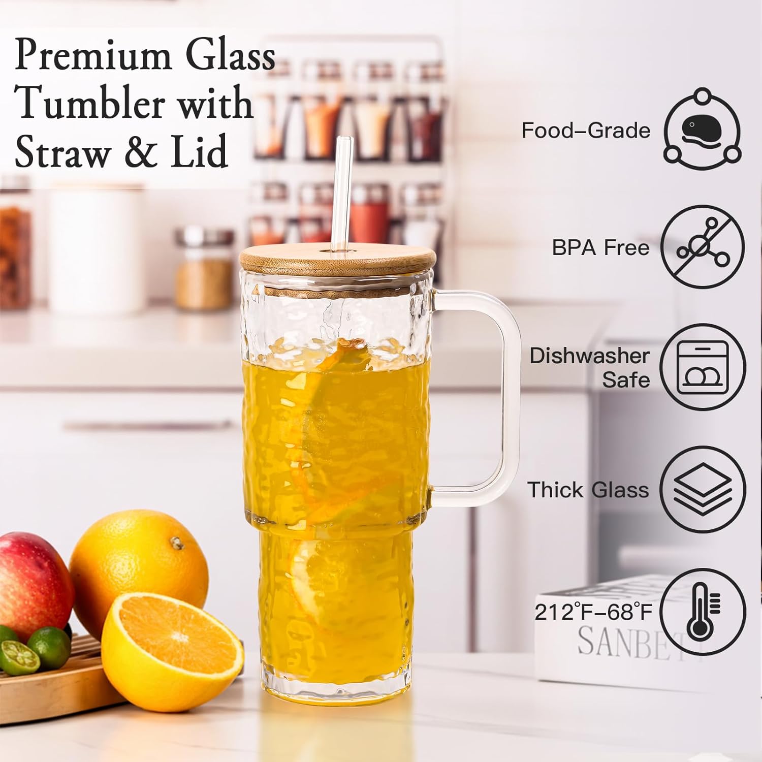 26 oz Water Ripple Glass Tumbler with Handle Lid and Straw, 2 Pack Large Iced Coffee Cups,With Bamboo Lid,for for Hot & Cold Beverages, Smoothies, Tea and Juice, Dishwasher Safe - Image 2