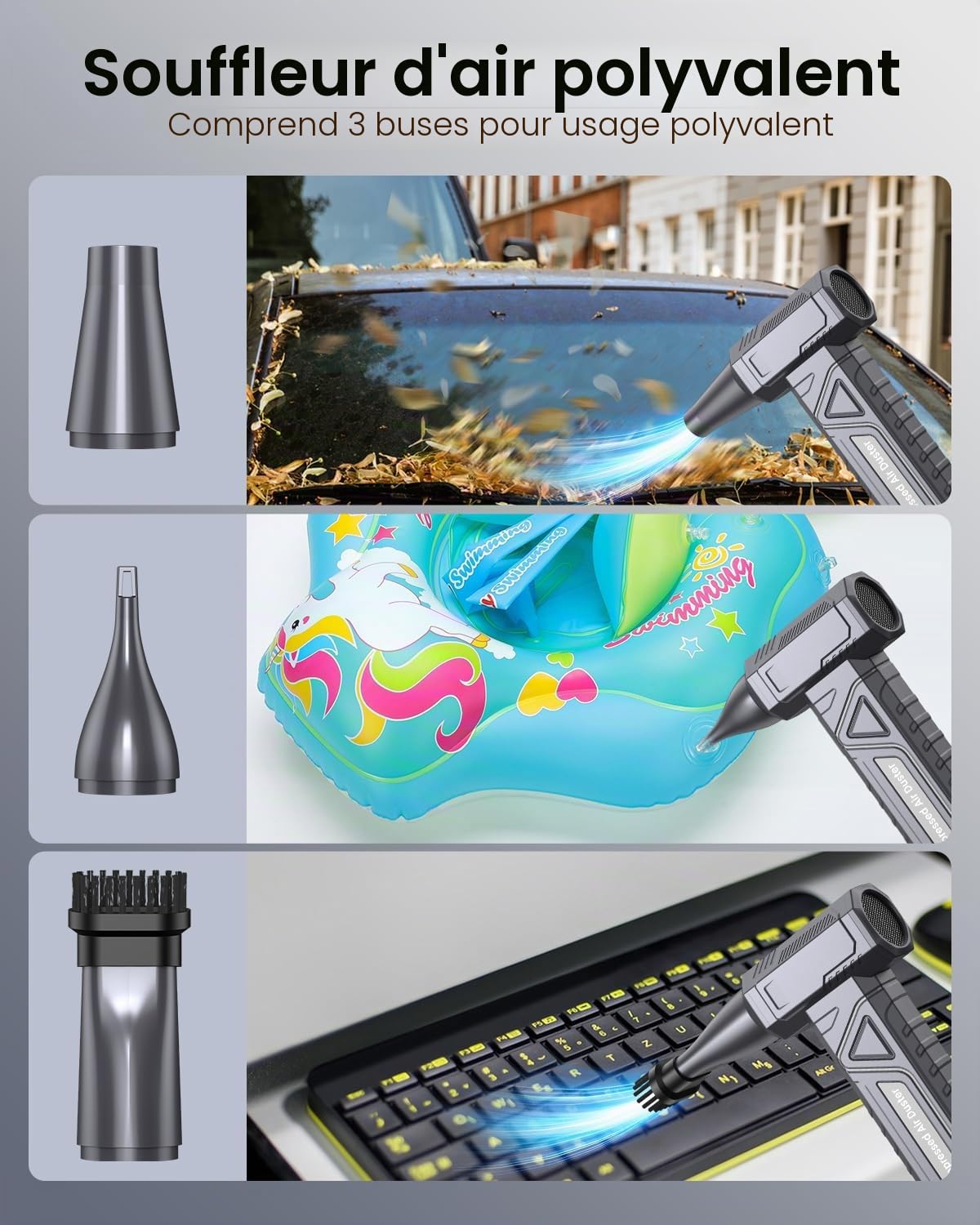 Souffleur Air Comprimé 4 Vitesses Souffleur PC - Air Duster 200000 RPM avec Lumière LED, Mini Souffleur Voiture 6000 mAh, Air Comprimé Bombe Air Sec Nettoyage PC Clavier Électronique, W18, Argenté