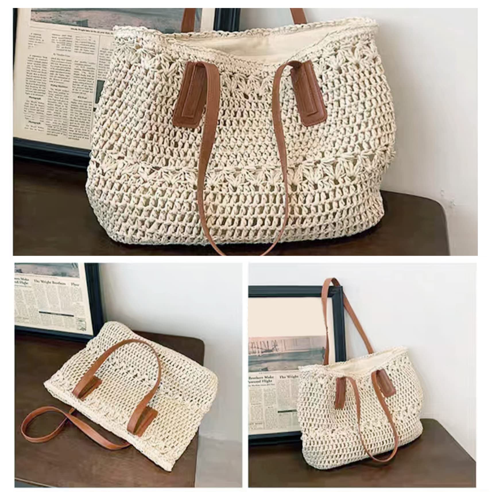 Bolsa de playa de paja Mujeres Bolso de pecho bolso de verano Bolsa de playa Bolsa de bolsas de bolsas de playa Bolso de hombro tejido para elementos esenciales de vacaciones de verano Beige
