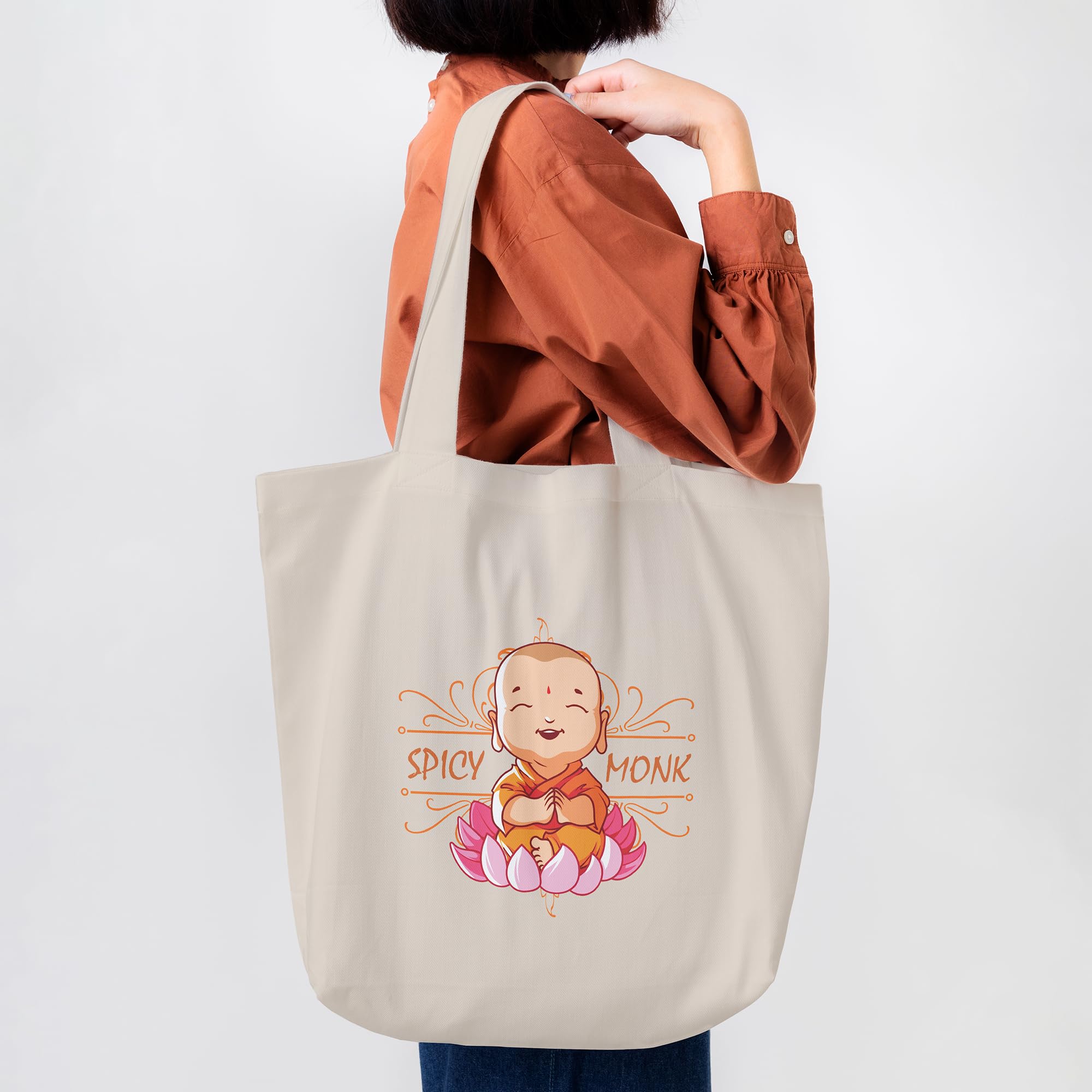 ALFANSO Classic Eco-Friendly & Reusable Cotton Canvas Grocery Tote Bag, Medium Size 16 x 14 Inch Natural Color (SPICY MONK) 1