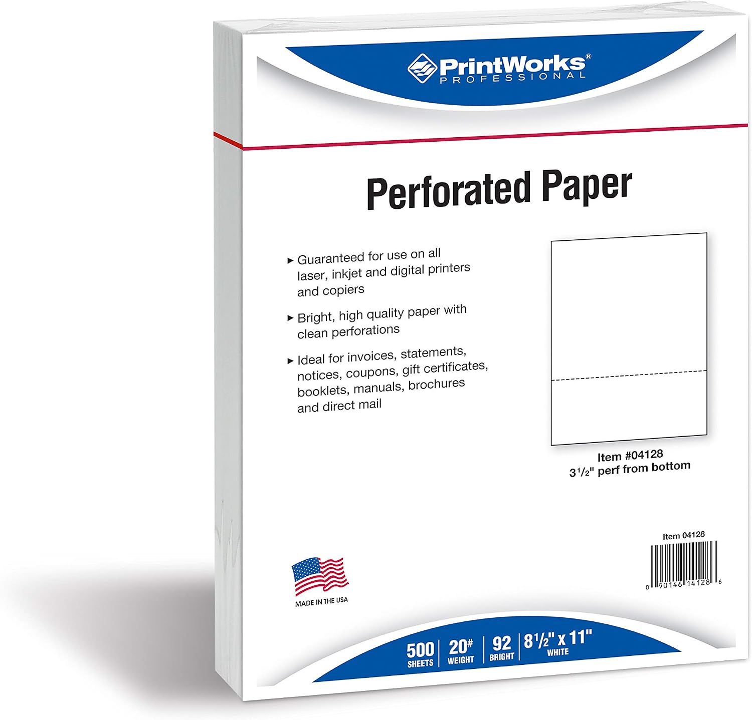 PrintWorks Professional 3 1/2" Horizontal Perforated Paper 8.5” x 11” - Perfect for W-2, 1099, & Statement Use - Made in The USA - 500 Sheets - 20 lb - Printer Compatible - White (04128) image 3