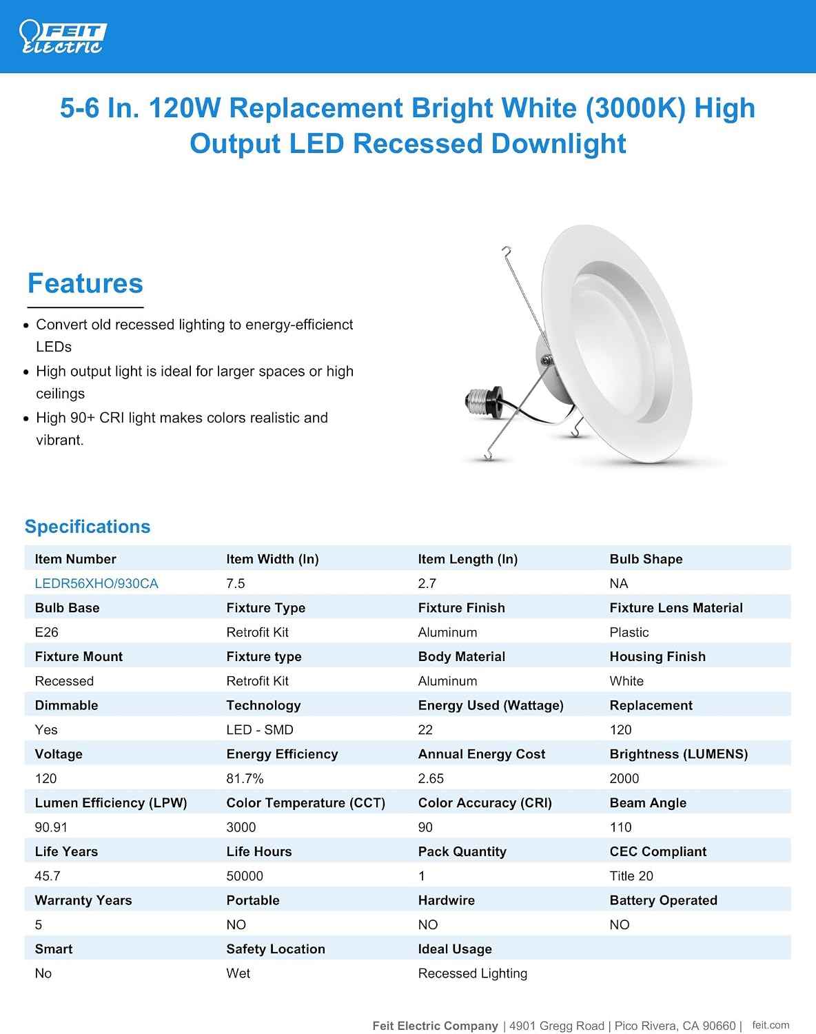 Feit Electric 5 Inch or 6 Inch LED Recessed Lighting Retrofit Downlights, 120 Watt Equivalent High Output, 2000 Lumen, 3000K Bright White, Dimmable, 6 Pack, LEDR56XHO/930CA/6