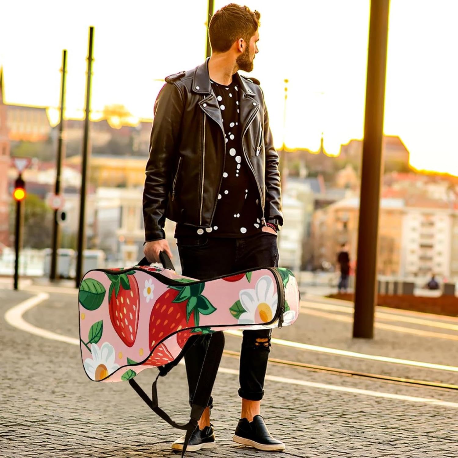 Acoustic Guitar Gig Bag 1 cm Thick Padding, Waterproof Electric Guitar Bag 40-42 Inch Guitar Case Backpack with Dual Shoulder Strap, Strawberry and Cute Flower Pink Background