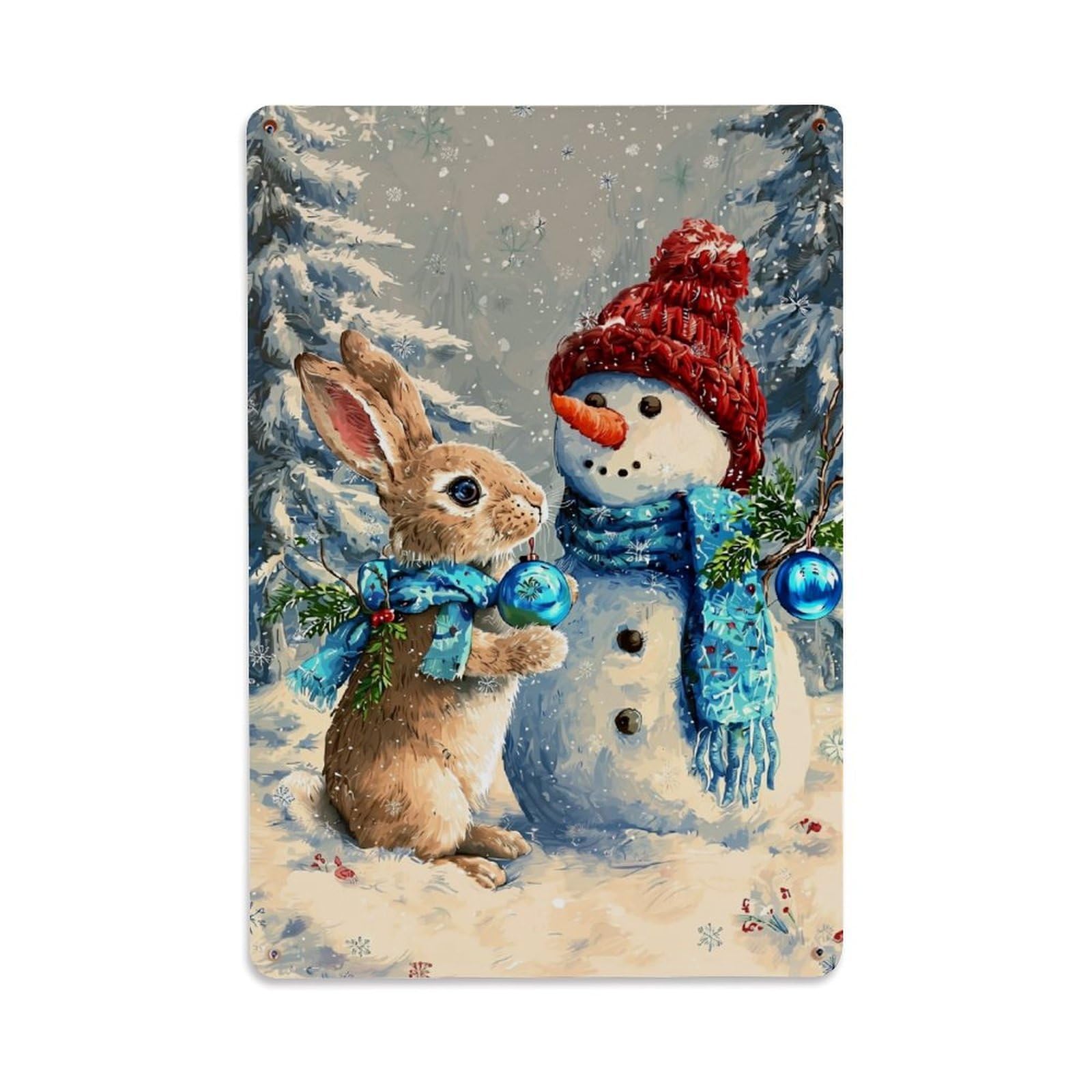 Snowman Rabbit Winter Christmas Scene Retro Metal Tin Sign, Vintage Decor Art Poster for Bar, Home, Man Cave, Kitchen, Laundry Room Gift 8x12Inch