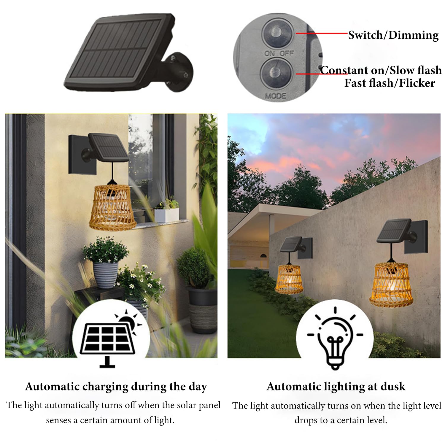 OOWOKS Solarlampen für Außen mit Bewegungsmelder 2 Stück Hängend Wandleuchte Außen mit 4 Modi IP44 Wasserdicht Vintage Hängelampe ohne Strom mit Solarpanel 3000K für Balkon Garten Terrasse